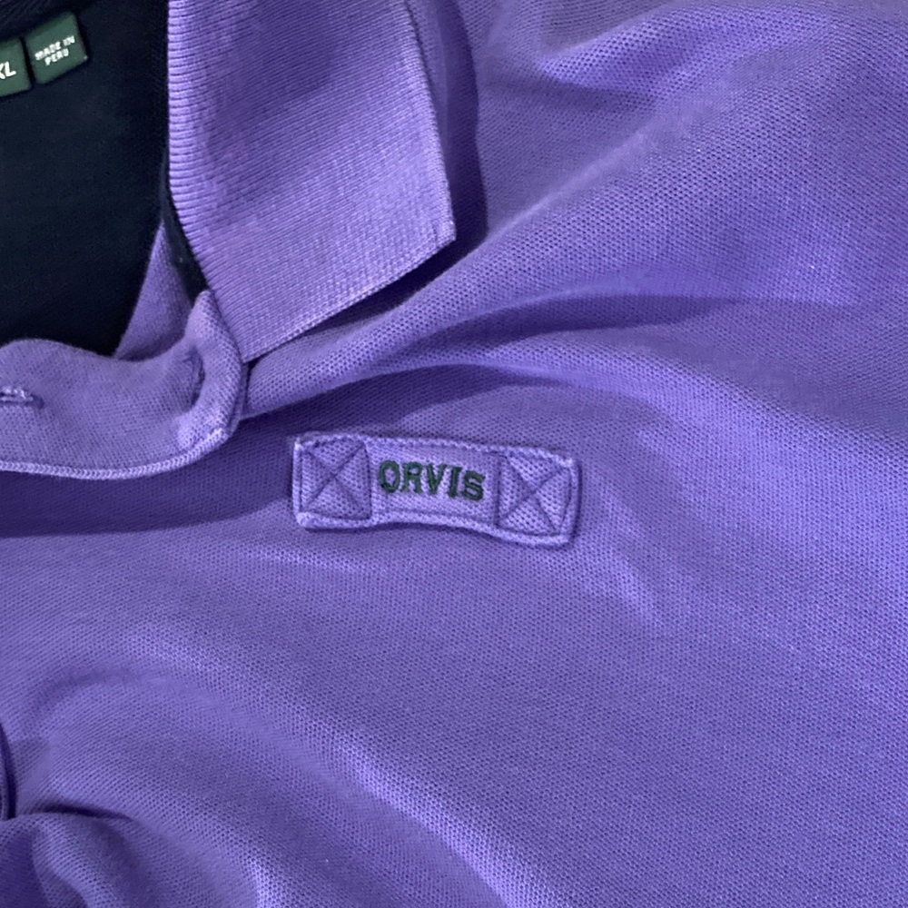 Orvis Purple Polo with Colorful Embroidered Fly Motif - Picture 2 of 7